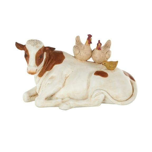 11" x 6" Cream Polyresin Sleeping Cow Sculpture with Sitting Roosters and Chicks, by DecMode
