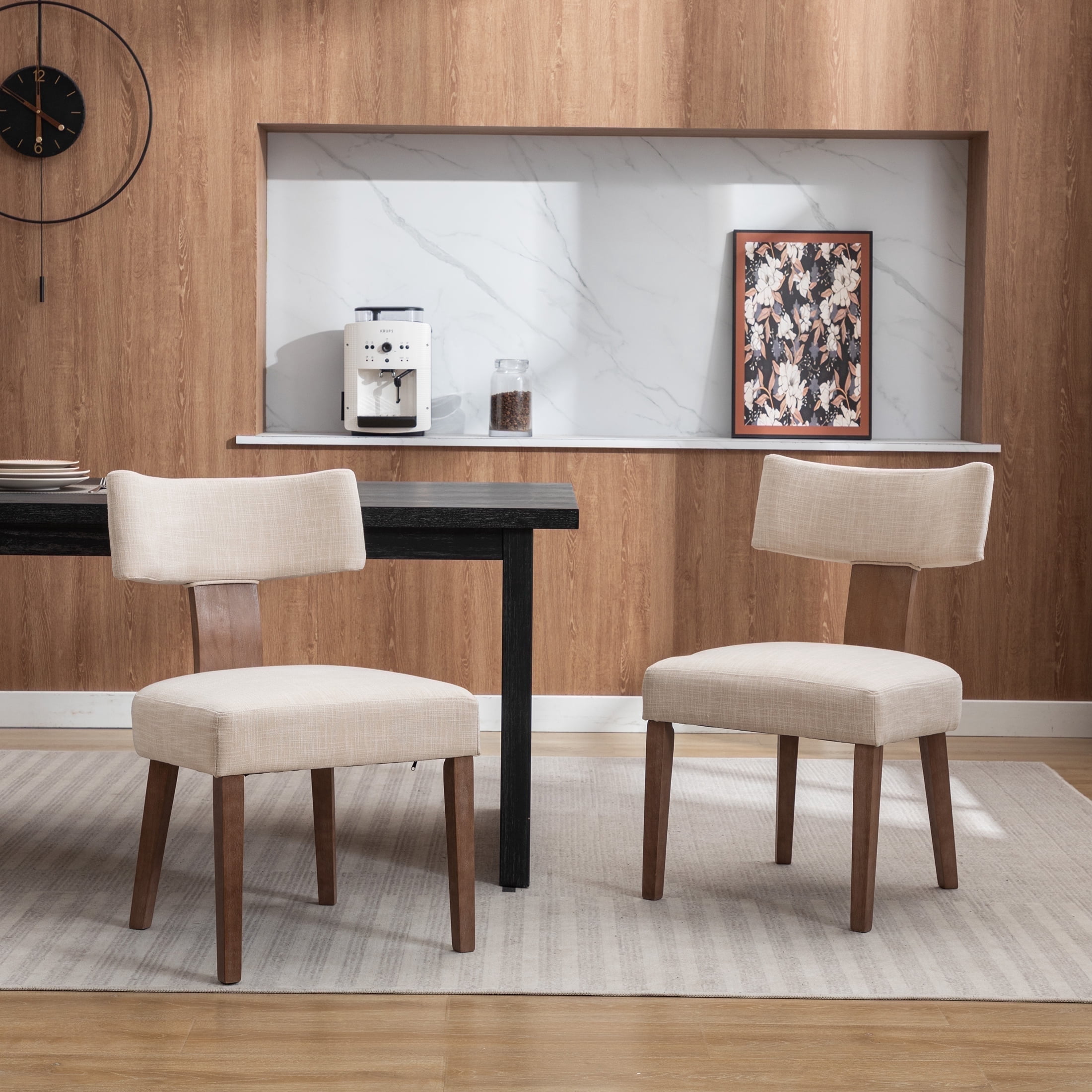 Guyou Dining Chairs Set of 2, Mid-Century Modern Linen Upholstered Kitchen Chairs with Curved Backrest, Wooden Side Chairs for Dining Kitchen Living Room Bedroom, Beige