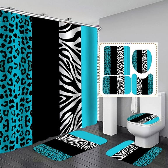jieprom 4PCS Leopard Print Shower Curtain Set with Rug, Toilet Lid Cover and Bath Mat, Teal Black Splice Shower Curtain with 12 Hooks, Complete Bathroom Accessories Decor Set…