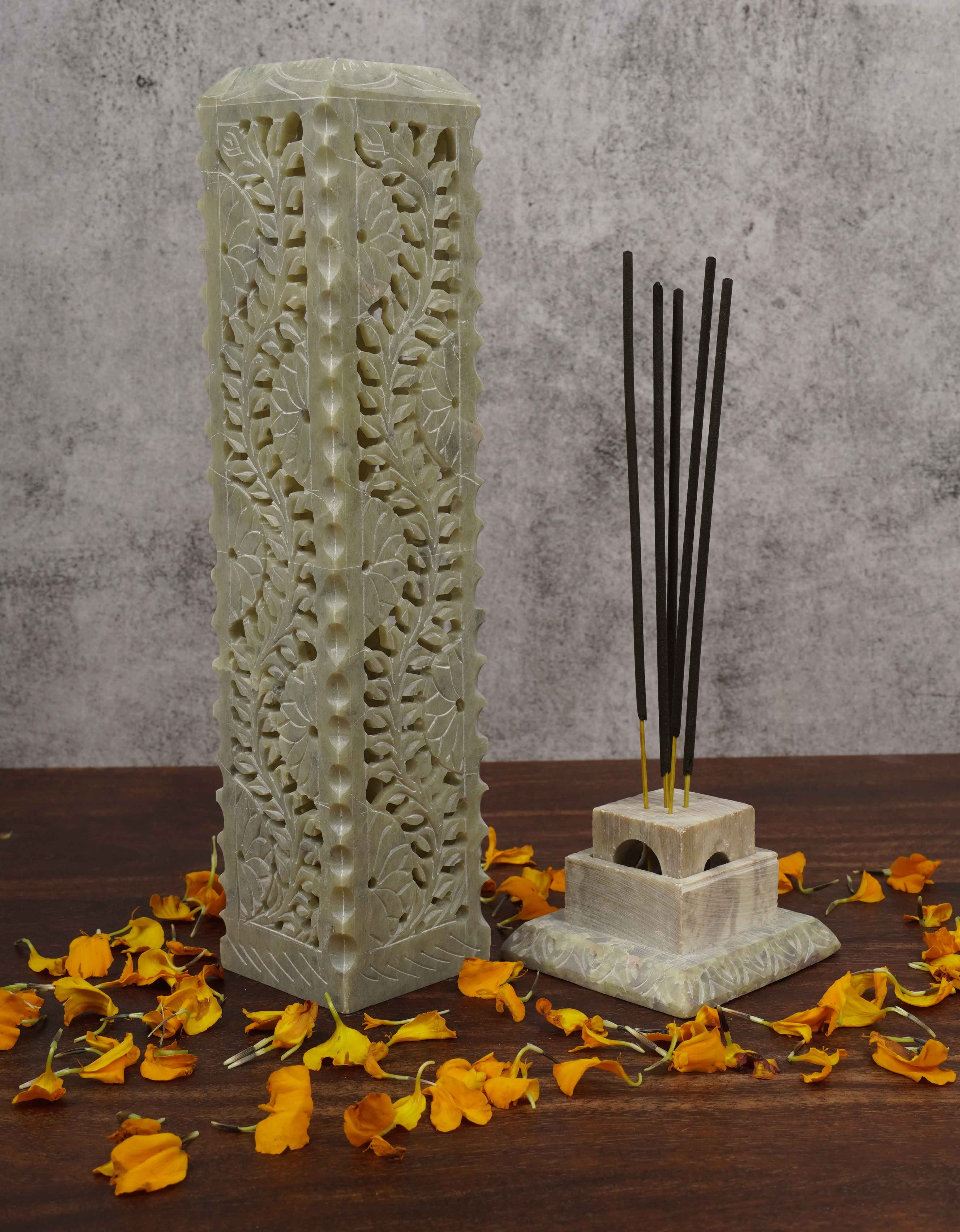 IBA Indianbeautifulart Handmade Stone Incense Stick Burner | Candle Stick Holder | Tea Light Burner , Perfect Floral Carving for Gifting- Decorative Home and Kitchen Decor (10.5x 2.2 Inches)