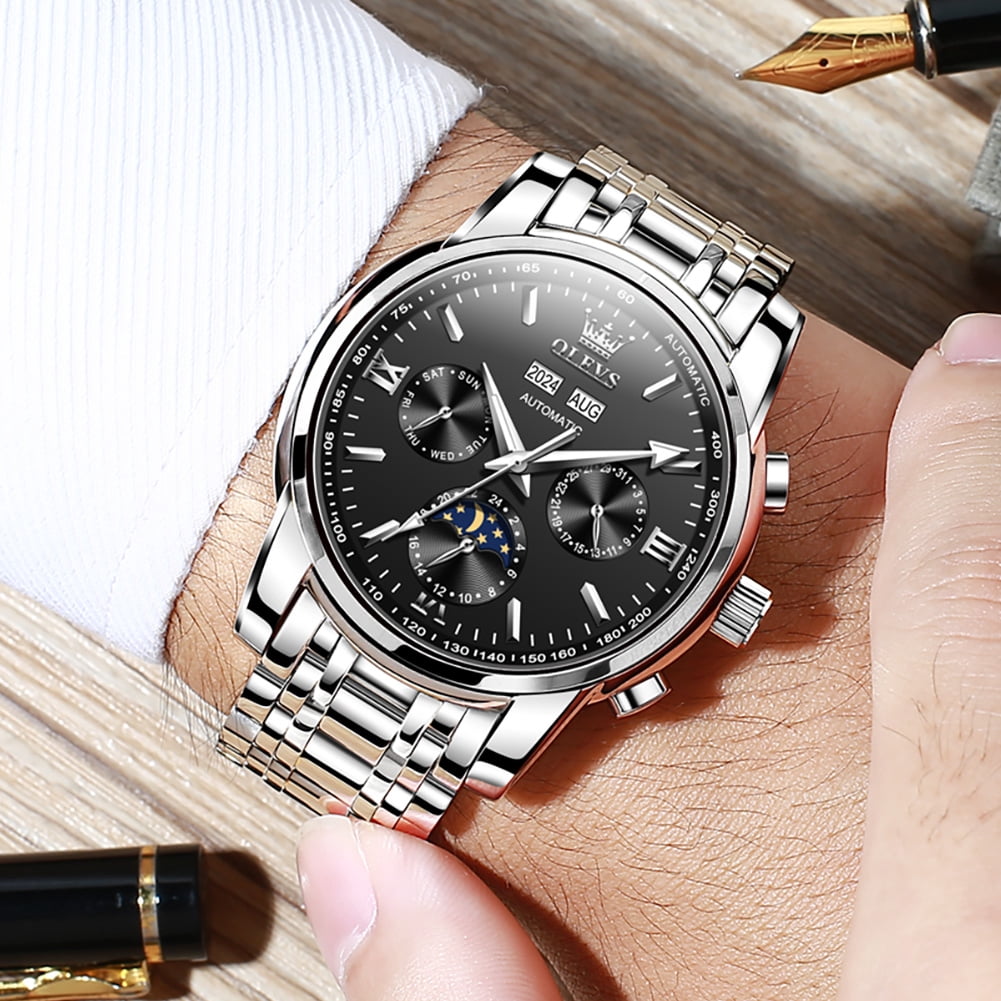 OLEVS Automatic Watches for Mens Self Winding Mechanical Multifunction Chronograph Luxury Business Dress Moon Phase Stainless Steel Waterproof Luminous Calendar Mens Wrist Watches Reloj Para Hombre