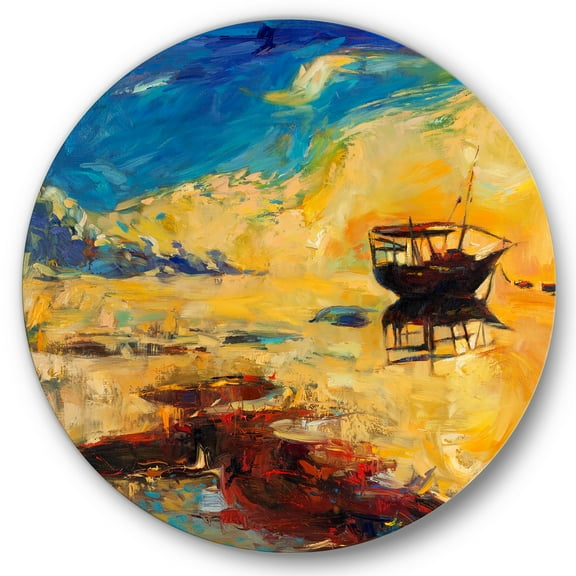 Designart 'Abstract Boat At The Ocean Horizon During Sunset' Nautical & Coastal Circle Metal Wall Art 36x36 - Disc of 36
