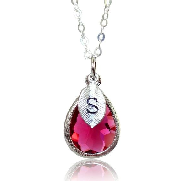 Personalized Ruby Necklace, July Teardrop Birthstone Necklace, Bridesmaid Necklace, Custom Initial Necklace, Birthday Gift for Her - 16" Silver Plated