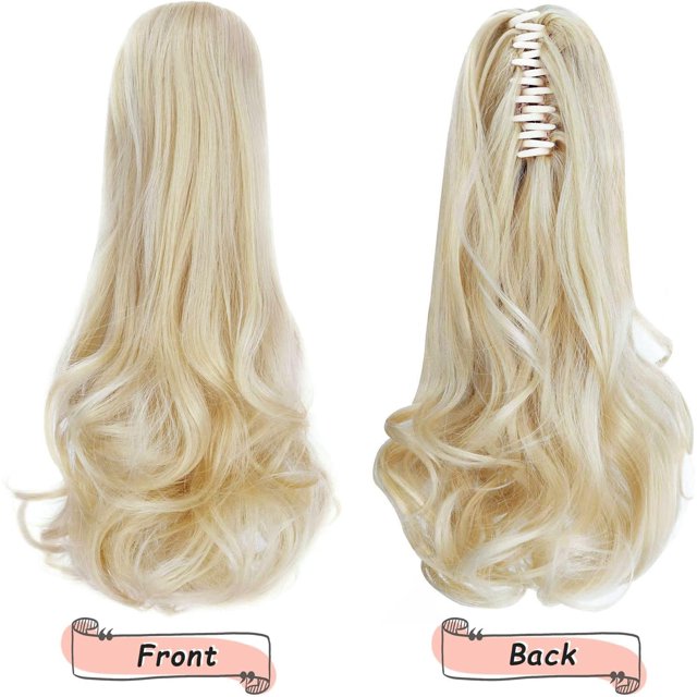 HSHDLDF Extension de Queue de Cheval, Extensions de Cheveux Griffes 16 Pouces Longues et Bouclées, Pince pour Queue de Cheval, Postiche Synthétique d'Apparence Naturelle pour Femmes (Blond Blanchâtre)