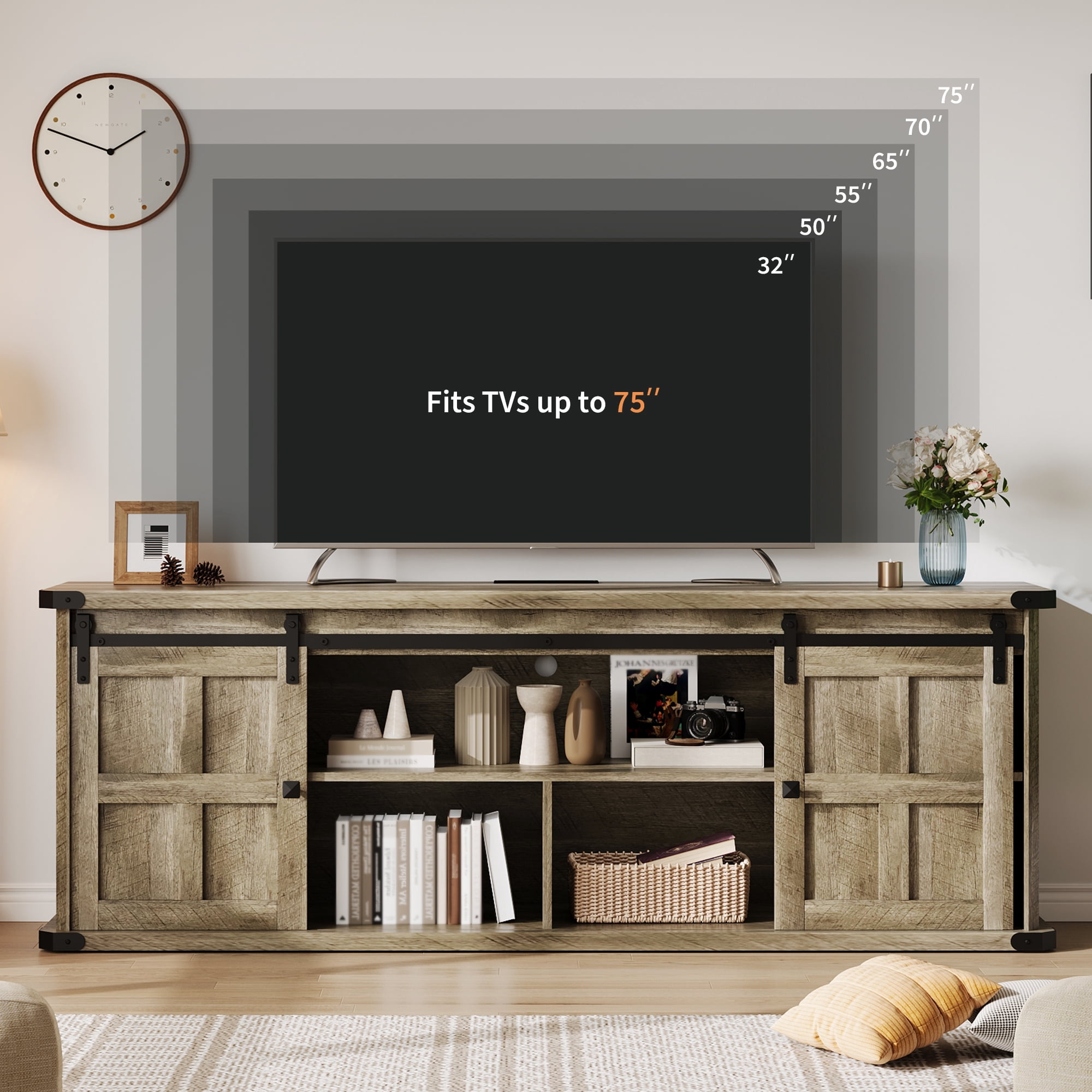 COZONY Farmhouse TV Stand for 75 Inch TV, Entertainment Center with Sliding Barn Doors and Storage Cabinets for Living Room,Light gray wood grain
