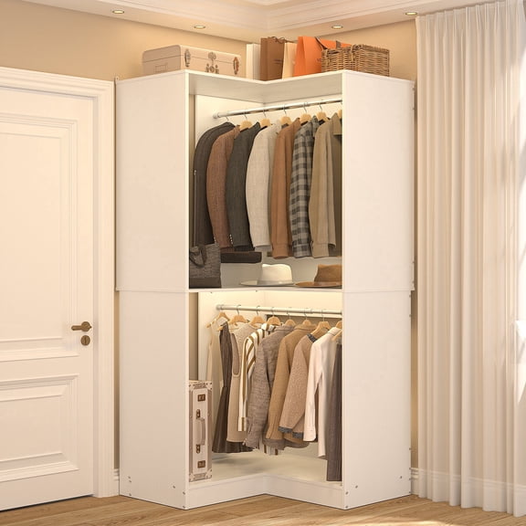 iSunirm 31.5''W Corner Closet Organizer with 2 Hanging Rods and Shelves, 80'' Tall Corner Organizer for Small Space, White
