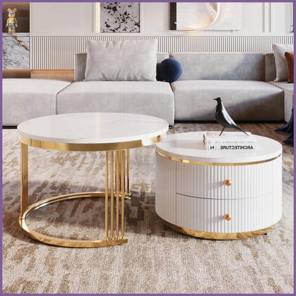 Modern 2-Piece White Round Nesting Coffee Table Set with Gold Legs & 2 Drawers, Space-Saving Storage