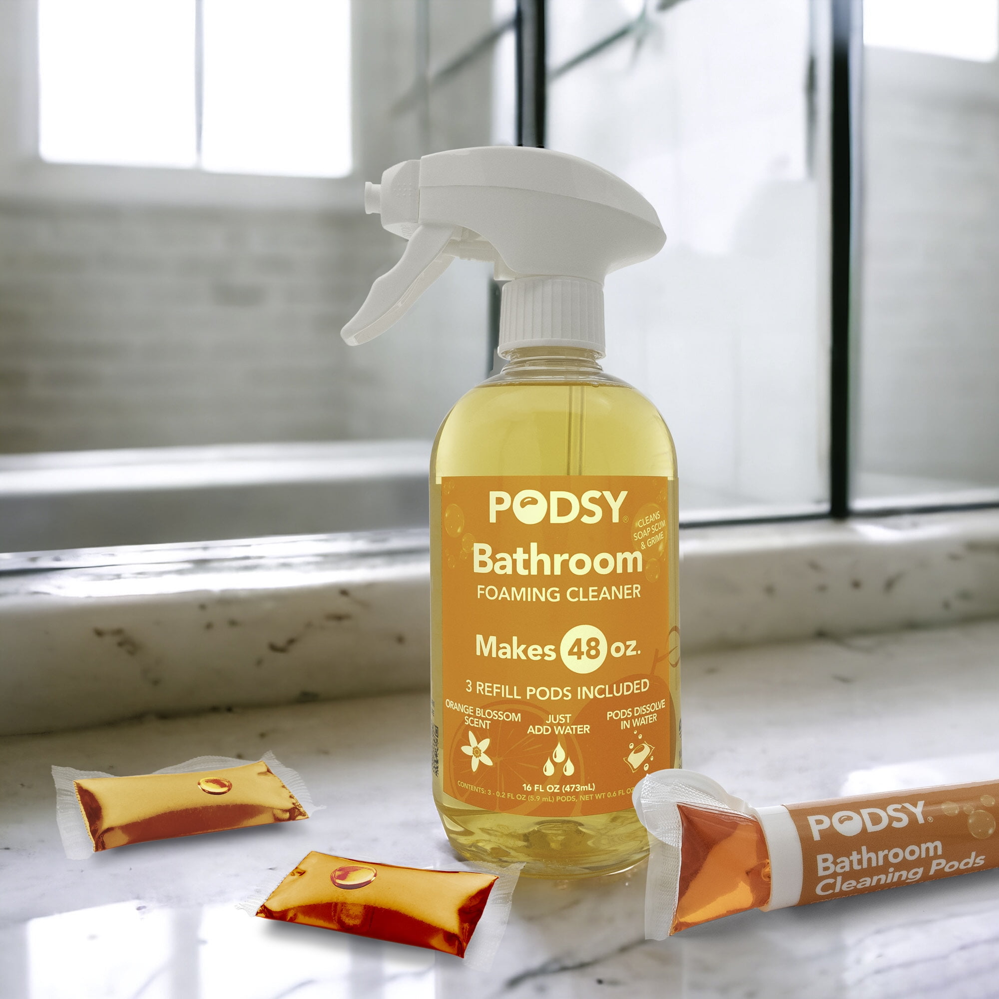 Podsy Bathroom Cleaning Set, Orange Blossom Scent, 16 fl oz Bottle and 3 Refill Pods Make 48oz, Just Add Water