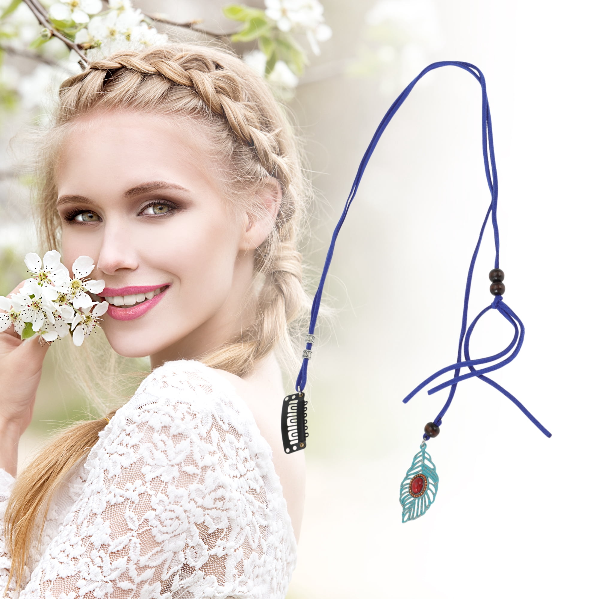 Unique Bargains Elegant Leaf Braided Hair Chain 1Pc Stylish Accessory Dark Blue 19.69"