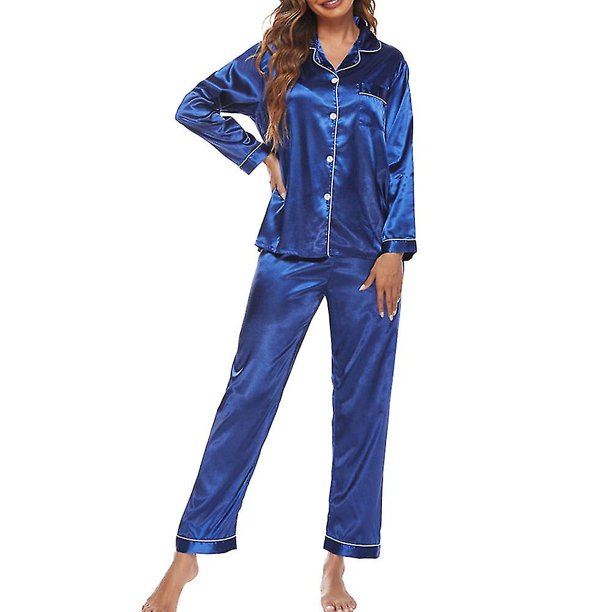 Womens Silky Satin Pajamas Loungewear Two-piece Sleepwear Button-down Pajama Set zhangyuxiang LED