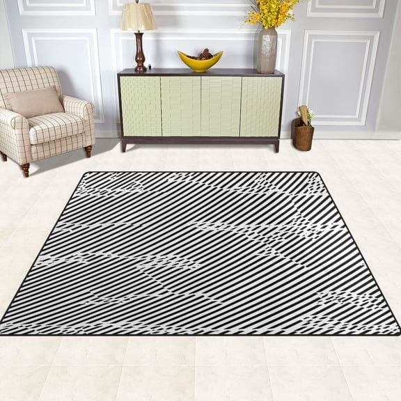 Black and White Stripe Design 63''x48'' Plush Memory Foam Bath Mat, Soft, Absorbent, Non Slip, Durable