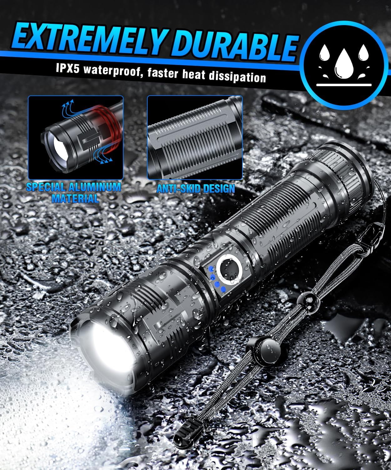 2-cell rechargeable tactical flashlight Hilngav Heavy Duty D Battery LED Big Flashlights, Zoomable Single Mode Aluminum Alloy Torch Flashlight, Rugged Metal for Outdoor Adventures Emergency Hiking Camping Caving (1 Pack) The rechargeable 4500mAh battery offers long run time Husky 2000 Lumens Dual Power