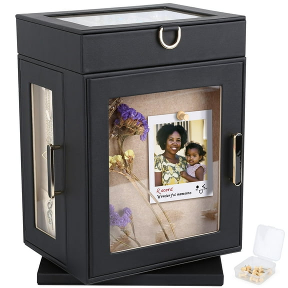 Kendal 360° Rotating DIY Jewelry Box - Black PU Leather Jewelry Organizer with Pinboard, Detachable Top Tray, Drawers & Push Pins for Personalized Accessory Display & Storage, Black