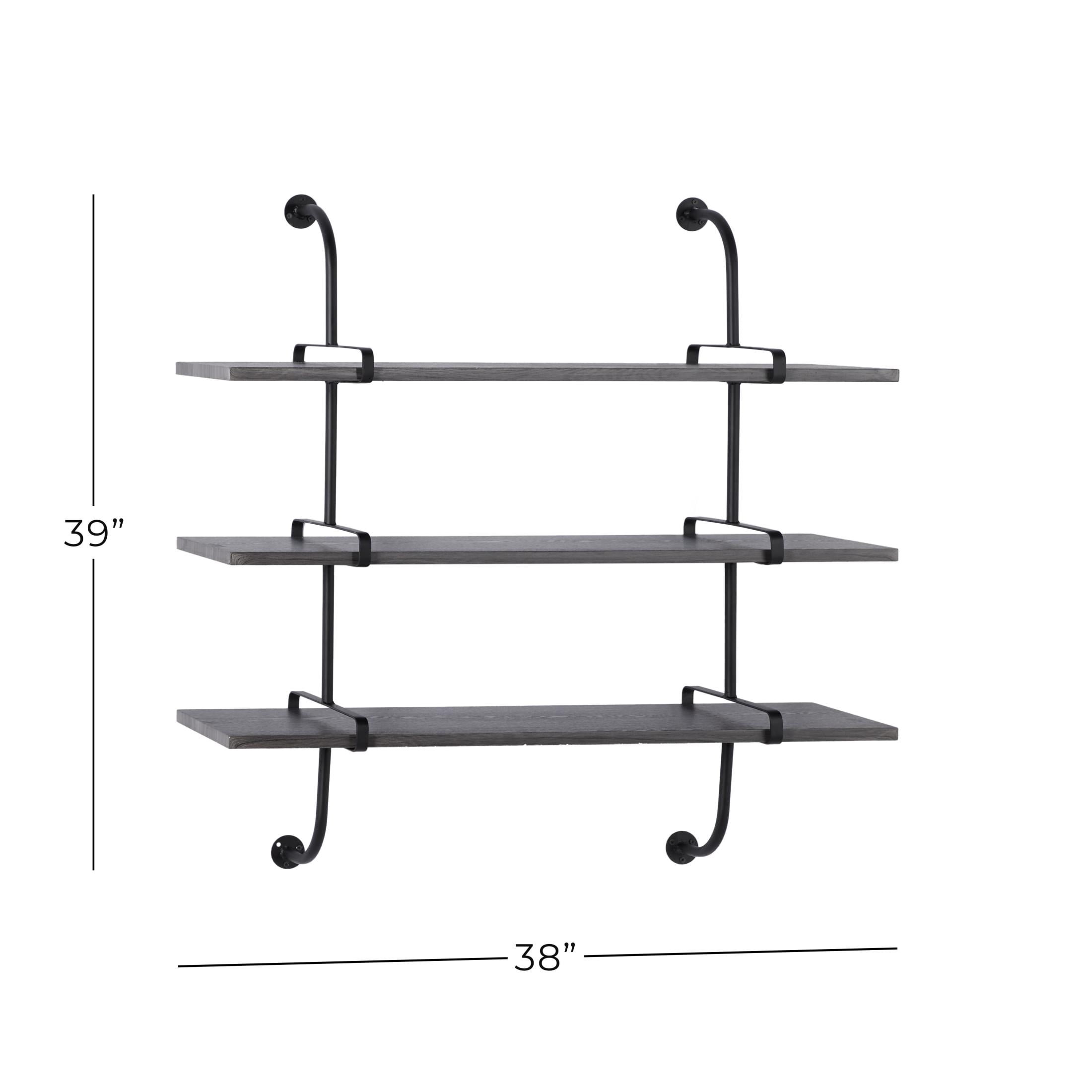 DecMode 38" x 10" 3-Tier Gray Wall Shelf with Black Metal Brackets
