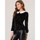 thumbnail image 2 of Allegra K Blusa de terciopelo con cuello Peter Pan y estampado de estrellas en contraste para mujer Negro L, 2 of 5
