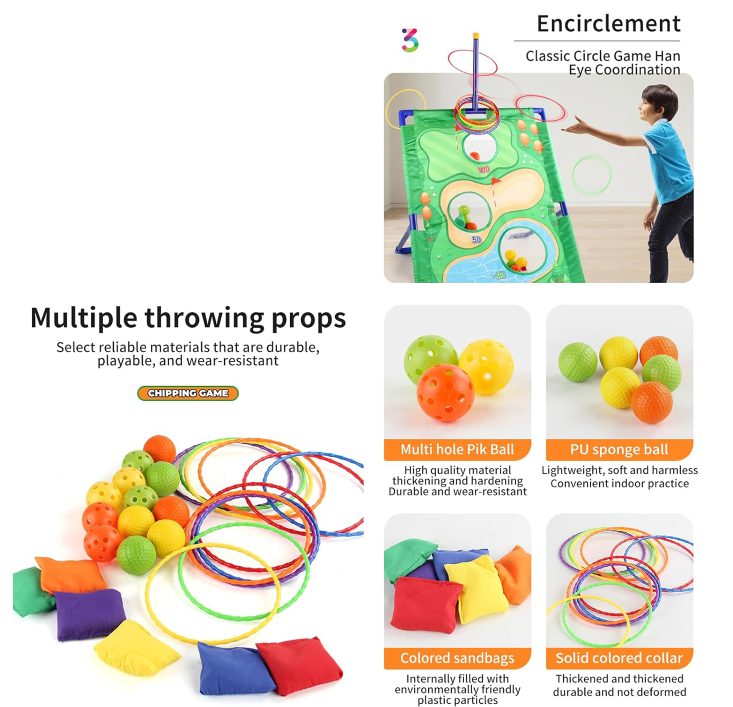 Kids Golf Yard Game,Golf Chipping Game, Cornhole Game, Ring Toss Game - 3 Set in 1 Game Kit with Chipping Mat and Stand for Adults Kids, Chip Sticky Practice Indoor Outdoor