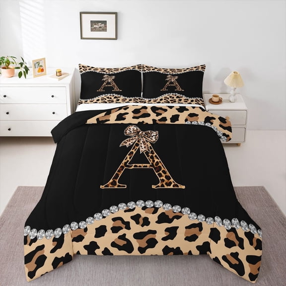 Castle Fairy Letter Monogrammed Bow A Twin Comforter Sets,Leopard Print Bedding Set