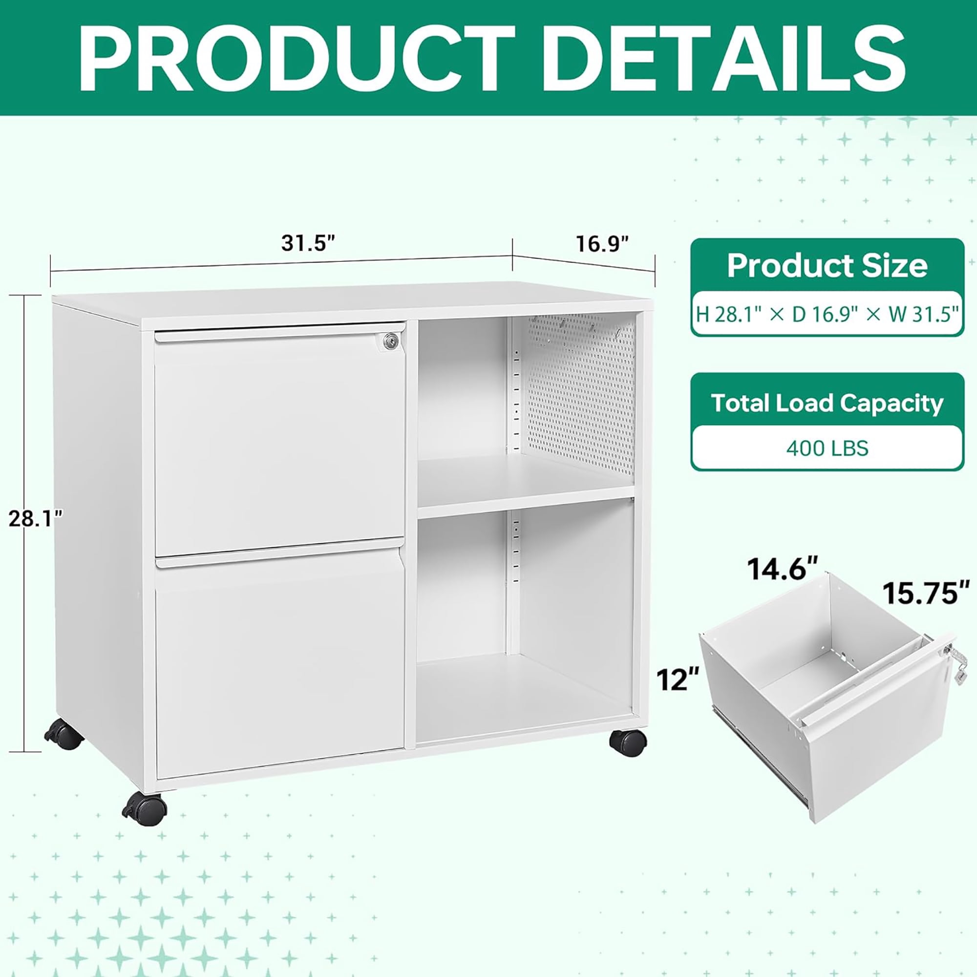 Fesbos File Cabinet with Lock, Metal Rolling Storage Cabinet for Home Office Organization,2 Drawer Lateral Filing Cabinet with Hooks for Letter/Legal/A4 Size