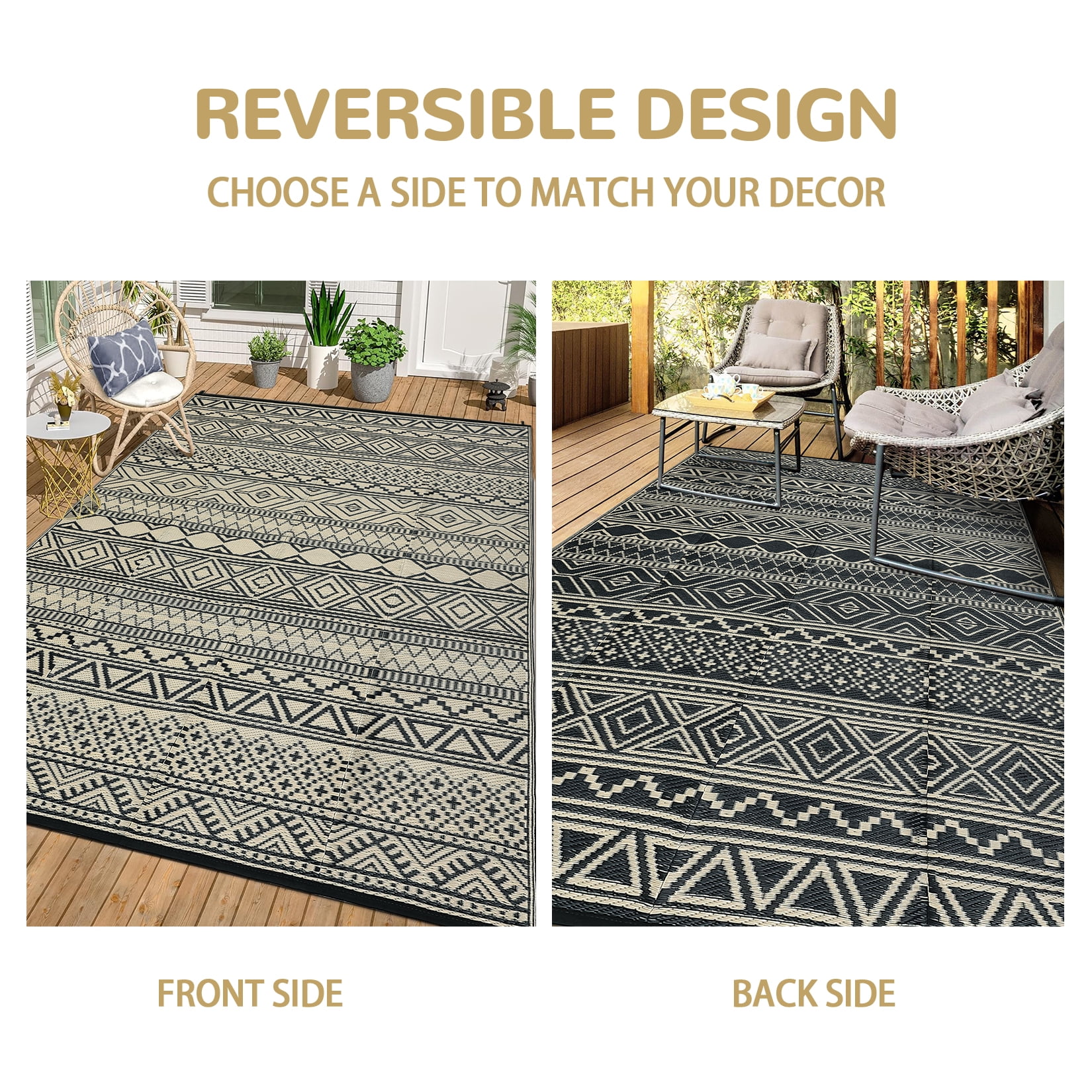 HOMERRY Geometric Outdoor Rug Straw Plastic Area Rug for Balcony Pool RV Waterproof Reversible Carpet, Brown/Black, 5'x 8'