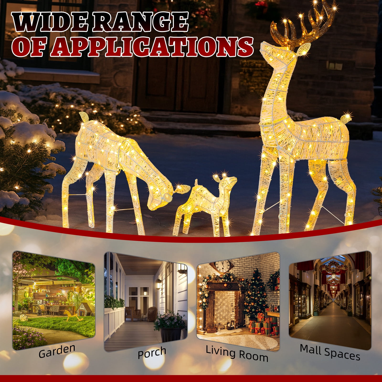 Astoutdoor 3-Piece Lighted Christmas Reindeer Family Set, Pre-Lit 280 LED Warm White Lights, White, Indoor Outdoor Holiday Decoration