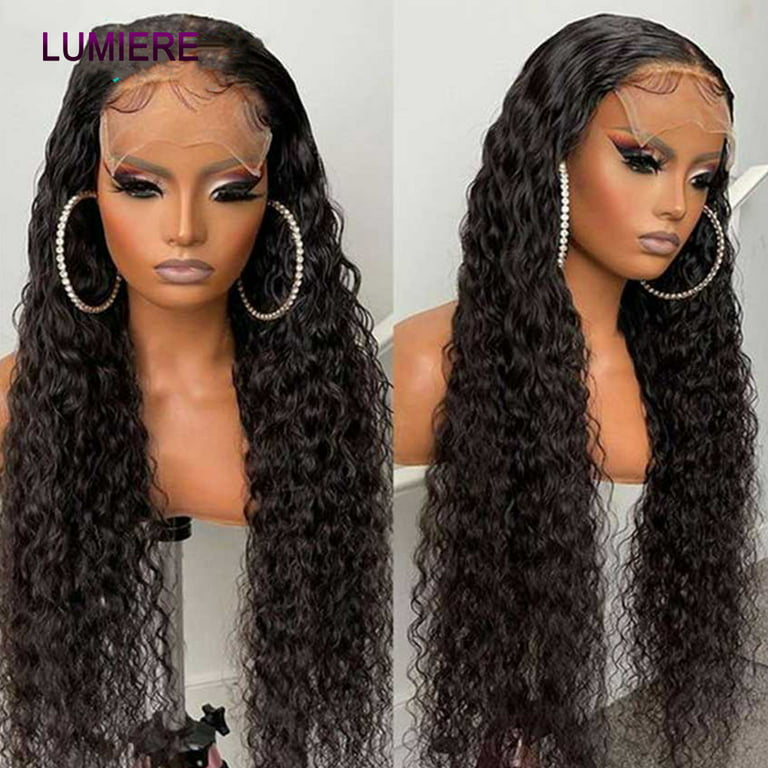 Lumiere Brazilian Water Wave Lace Front Human Hair Wigs 13×4 Lace Front Wig  Cap 180% Natural Black 12 