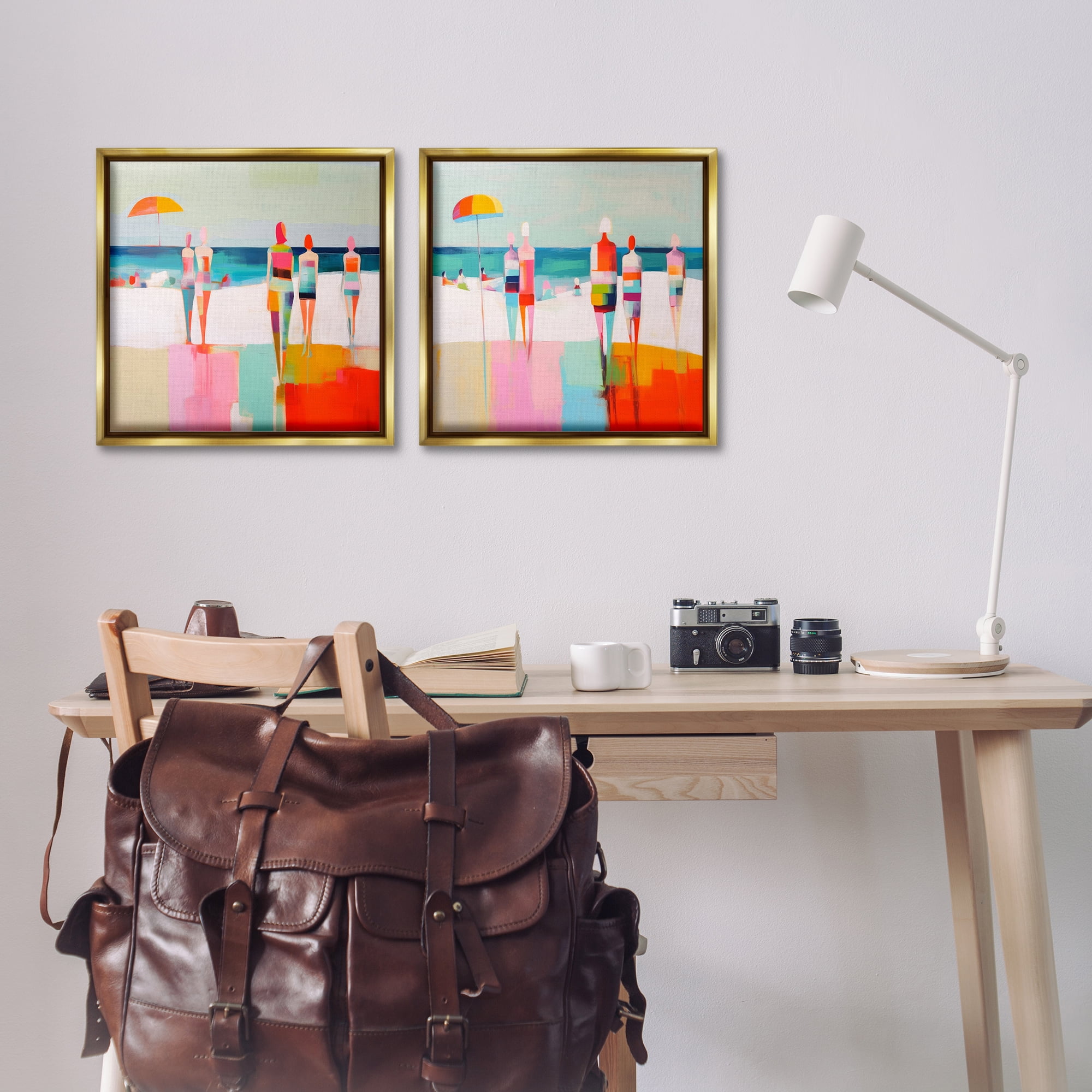 Stupell Industries Abstract Beach Goers People Painting Gold Floater Framed Canvas Art Print Wall Art, 18 x 18, Set of 2