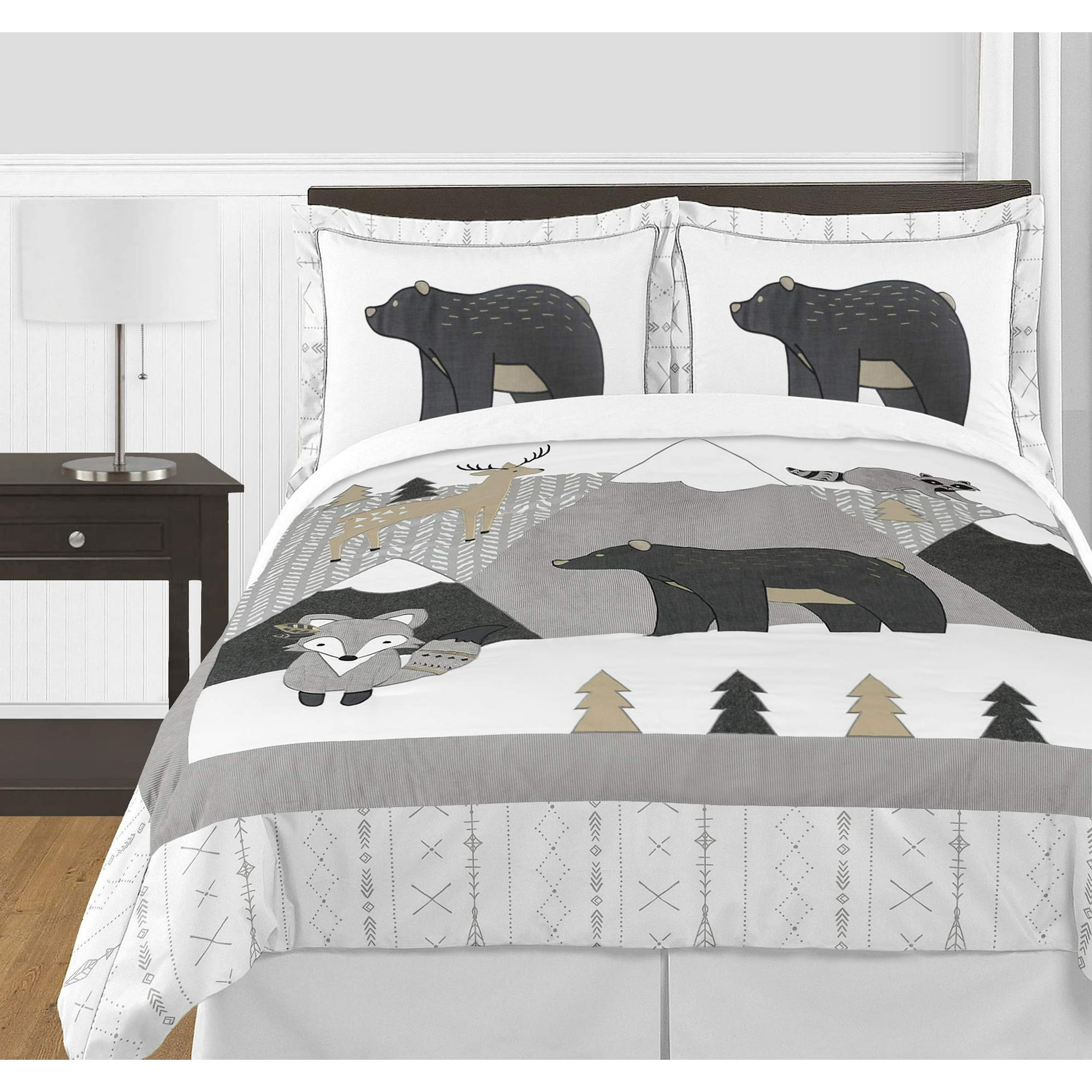 Sweet Jojo Designs Beige Grey White Boho Mountain Animal Unisex Boy or Girl Full Queen Size Kid Childrens Bedding Comforter Set for Gray Woodland Forest Friends Collection 3 Pieces Deer