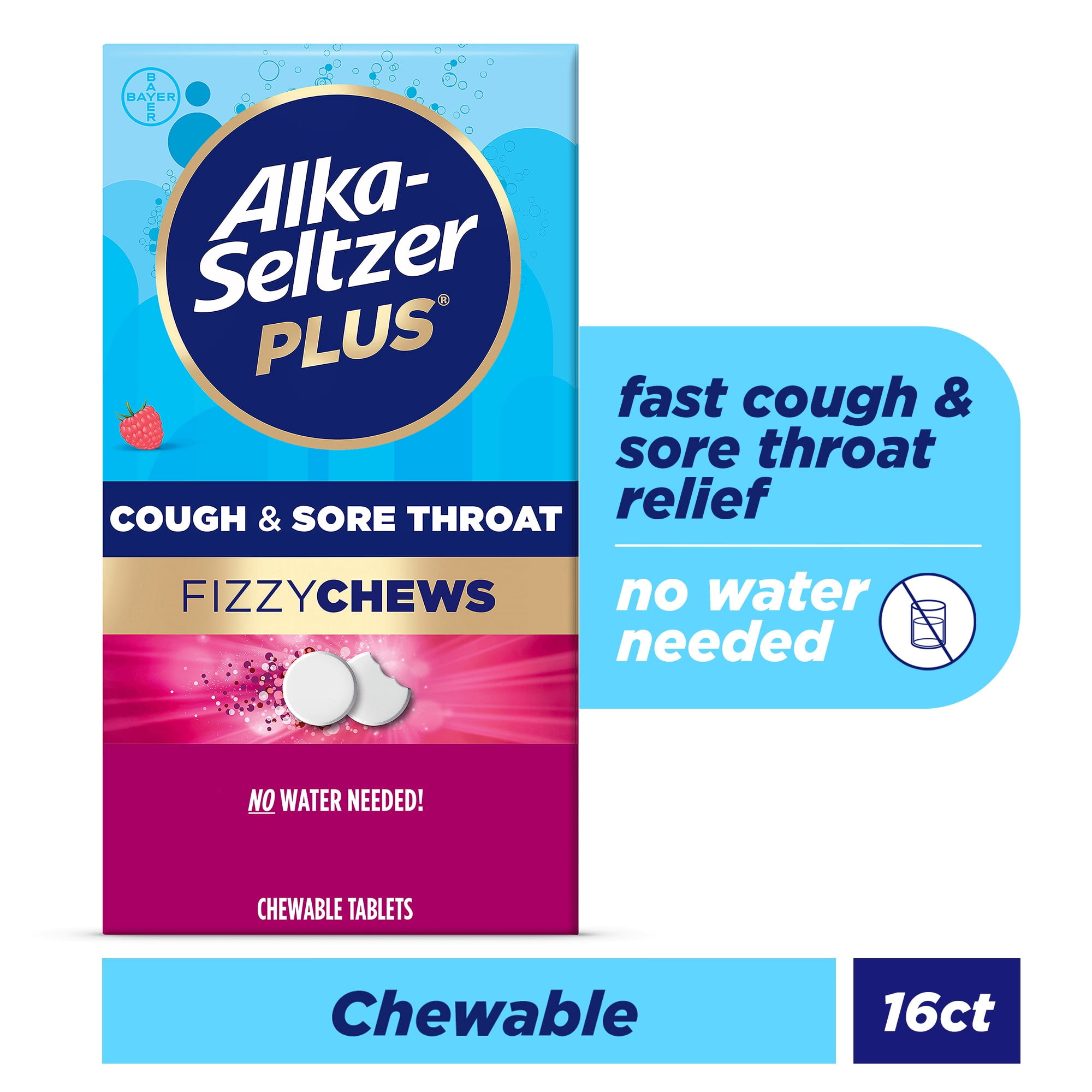 Alka Seltzer Plus Cough & Sore Throat Fizzy Chews, On The Go, Raspberry, 16 Count