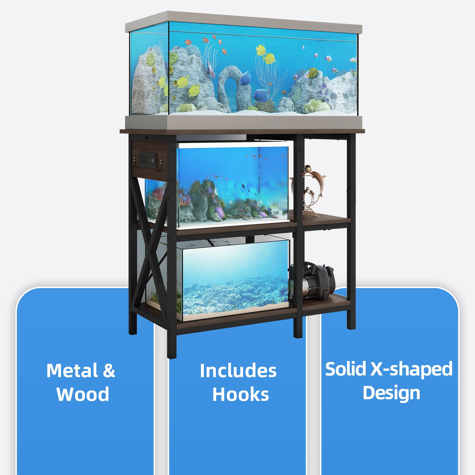 Uforic 10-29-37 Gallon 3-Tier Heavy Duty Metal Storage Fish Tank Stand with Power Outlets, Black