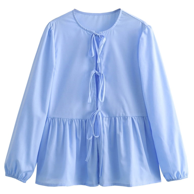 Lovskoo Womens Y2K Puff Sleeve Tie Front Peplum Babydoll Shirts