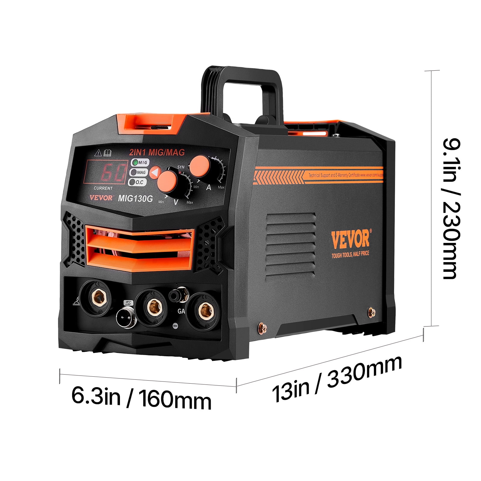 VEVOR MIG Welder, 130A Synergic Mig Welding Machine, 2-in-1 Gas MIG/Gasless Flux Core MIG Multi-Process Welder Machine, 110V Portable Mig Welder with IGBT Inverter Technology & Digital Display Screen