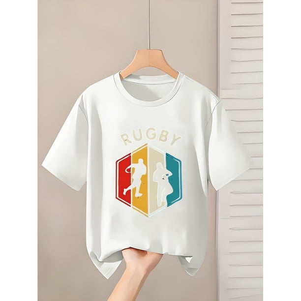 T-Shirt Featuring a Colorful Hexagonal Frame Around a Rugby Player Silhouette, with The Word 'RUGBY' Prominently Displayed. The Stretchy Fabric Is Suitable for Girls Aged 4-13 As a Clothing Gift.