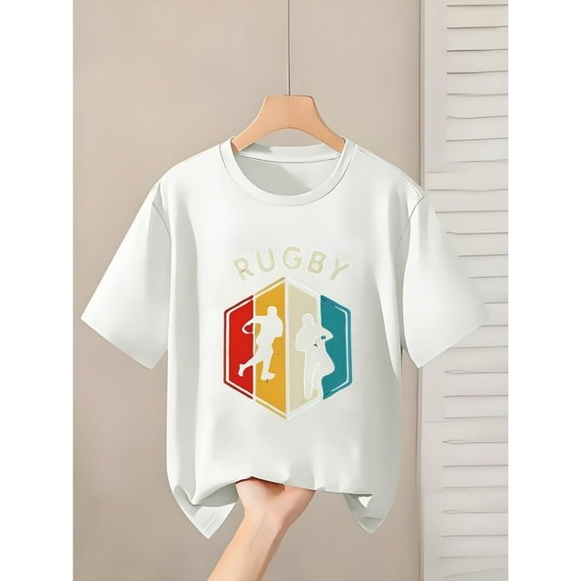 T-Shirt Featuring a Colorful Hexagonal Frame Around a Rugby Player Silhouette, with The Word 'RUGBY' Prominently Displayed. The Stretchy Fabric Is Suitable for Girls Aged 4-13 As a Clothing Gift.