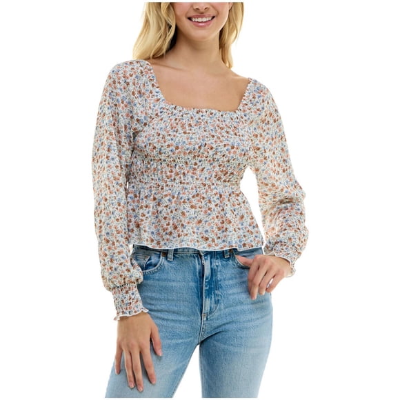 Ultra Flirt Womens Smocked Peplum Baby Doll Blouse, natural, Juniors, L