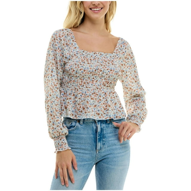 Ultra Flirt Womens Smocked Peplum Baby Doll Blouse, natural, Juniors, L