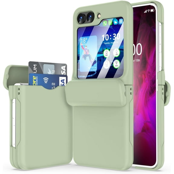 for Samsung Galaxy Z Flip 6 Case with Hinge Protection Shockproof with Credit Card Holder ID Card Protective Cover Flip Z 6 Phone Case for Galaxy Z Flip 6 5G(Green)