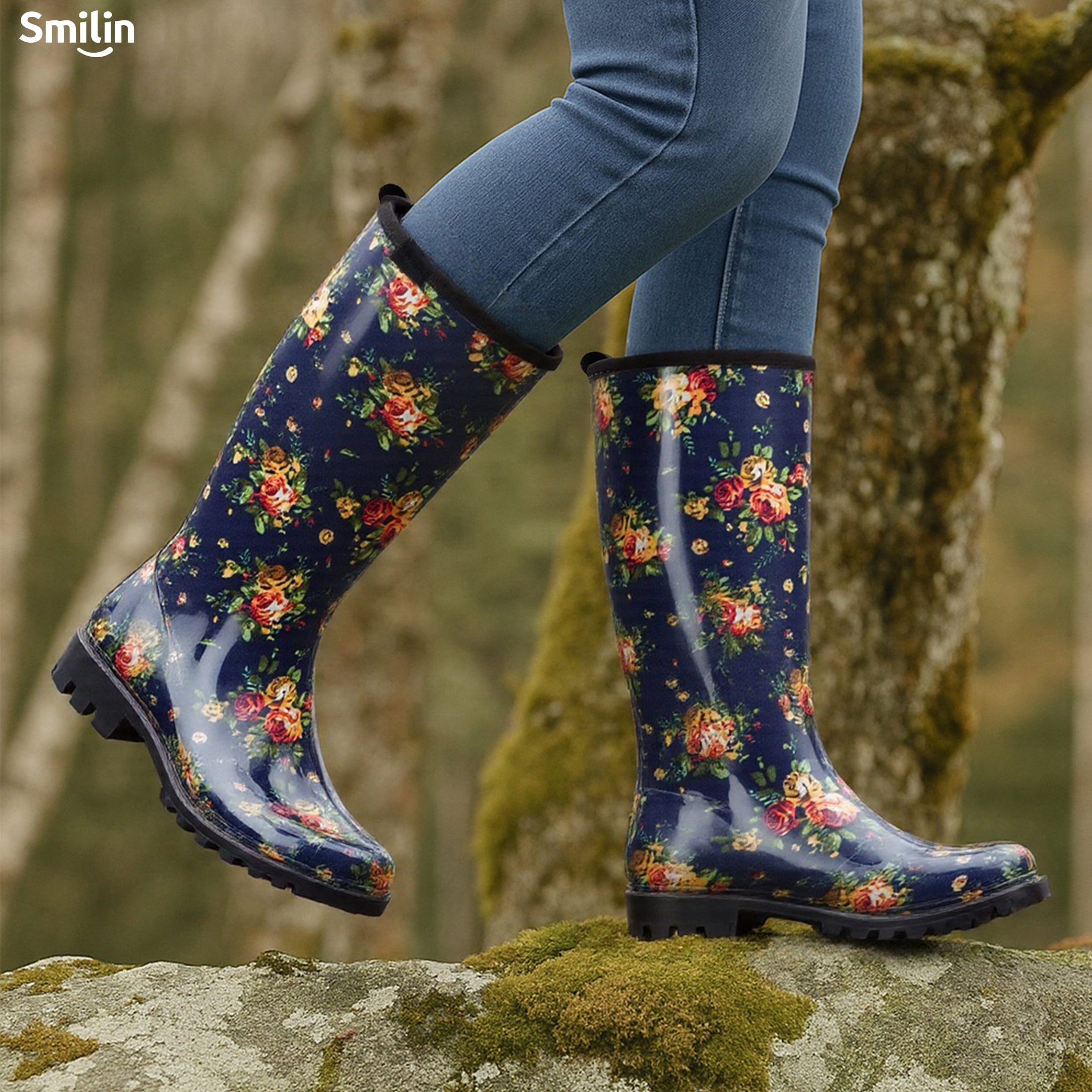 SMILIN Colorful Rain Boots for Women,Mid-Calf Waterproof Anti-Slip Slim Calf Garden Shoes,Navy Floral,US Size 10