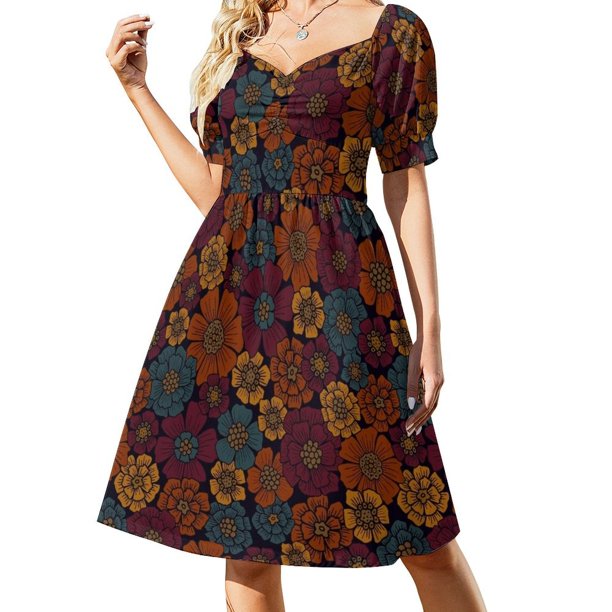 Vestido floral de manga corta burdeos oscuro, verde azulado y mostaza Vestidos de mujer Vestidos de fiesta Vestidos de graduación Vestidos de novia Vestido