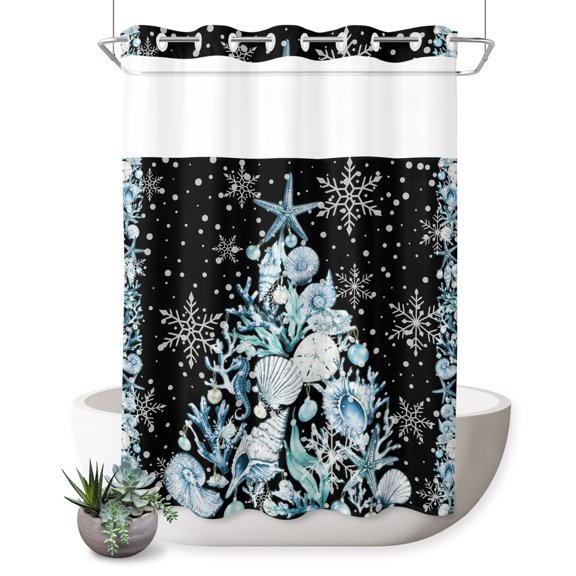 No Hook Shower Curtain, Coastal Christmas Trees Shower Curtains for Bathroom with See Through Top Window, Winter Snowflakes Teal Blue Corals Waterproof & Washable Bath Curtain Extra Long 72"x84"
