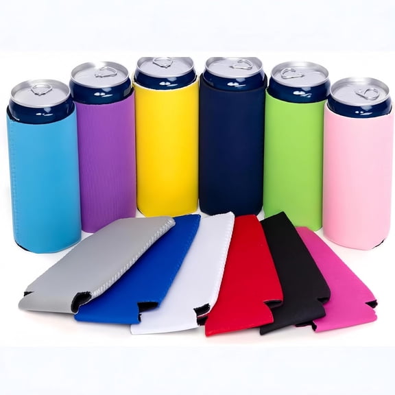 Neoprene Blank Slim Can Cooler Sleeve (12-Pack) - 12 oz Slim Drink Holder with Base, Leak-Proof & Insulated - Fits Tall Slim Cans (Various Colors)