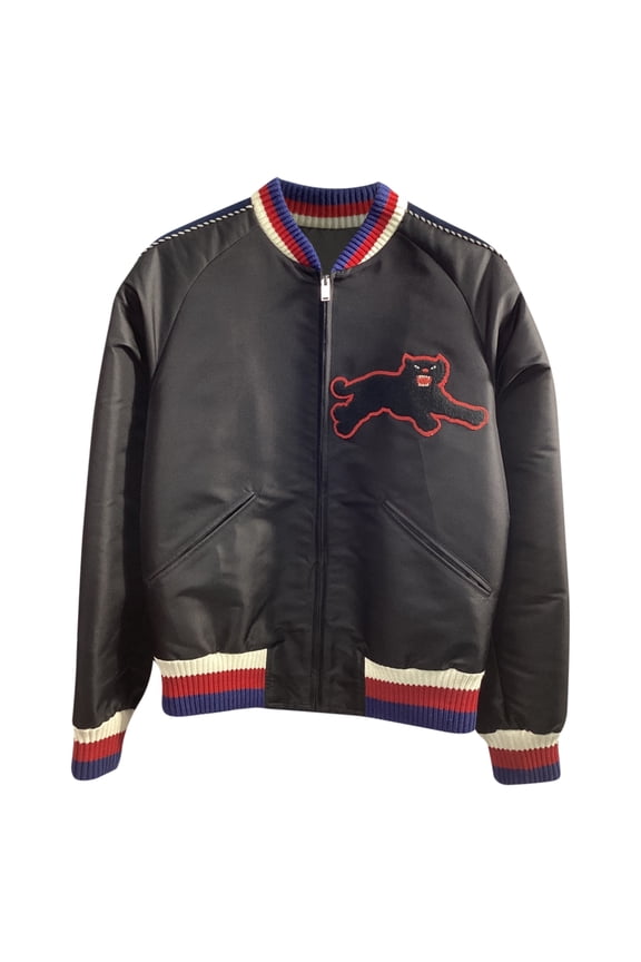 Pre-Owned Gucci Panther-Embroidered Bomber Jacket Black Satin