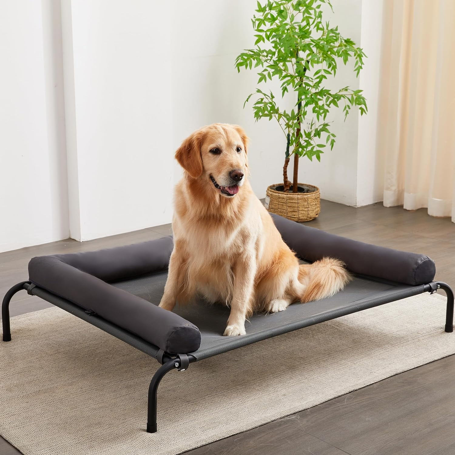 Cooling Elevated Dog Bed with Pillows,Portable Washable Raised Dog Cot with Chew Proof Mesh and Metal Frame,No-Slip Rubber Feet for Indoor & Outdoor Use,Large,Gray