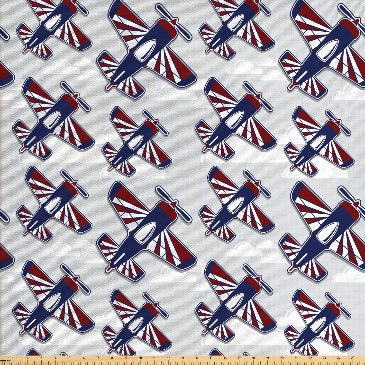 Airplane Fabric by The Yard, Aviation Theme Pattern with Airships in Classical Colors Above the