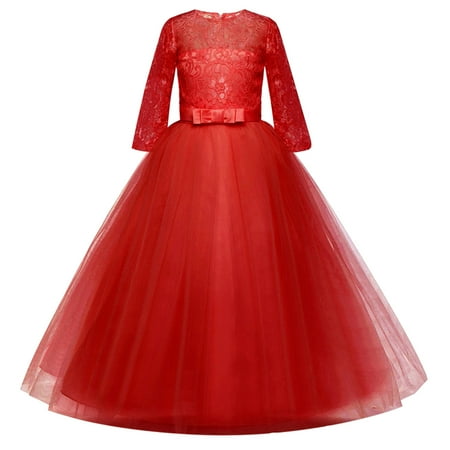 

Alueeu 2022 Flower Girl Lace Dress For Kids Wedding Bridesmaid Pageant Party Prom Formal Ball Gown Princess Puffy Tulle Dresses one-piece Dress Red 150