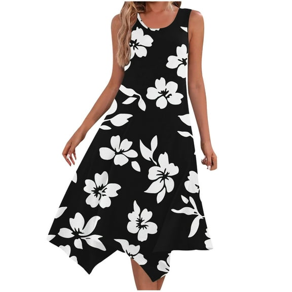 Floral Sleeveless Midi Dress for Women Summer Casual Tank A Line Dress Vacation Sundress