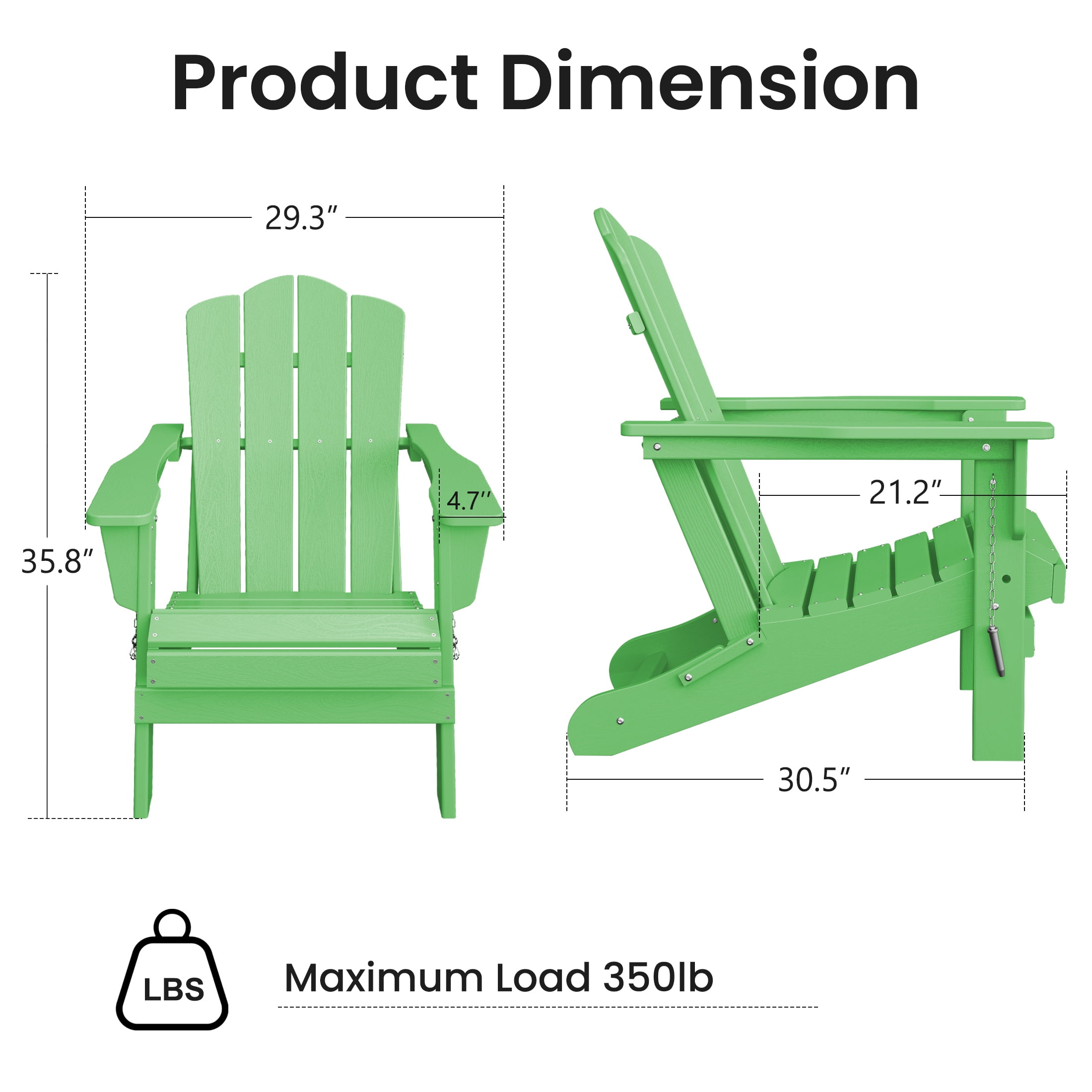 JUSTLET Adirondack Chair, Plastic Folding Outdoor Patio Chairs, Outside HDPE Chairs for Lawn, Yard, Light Green