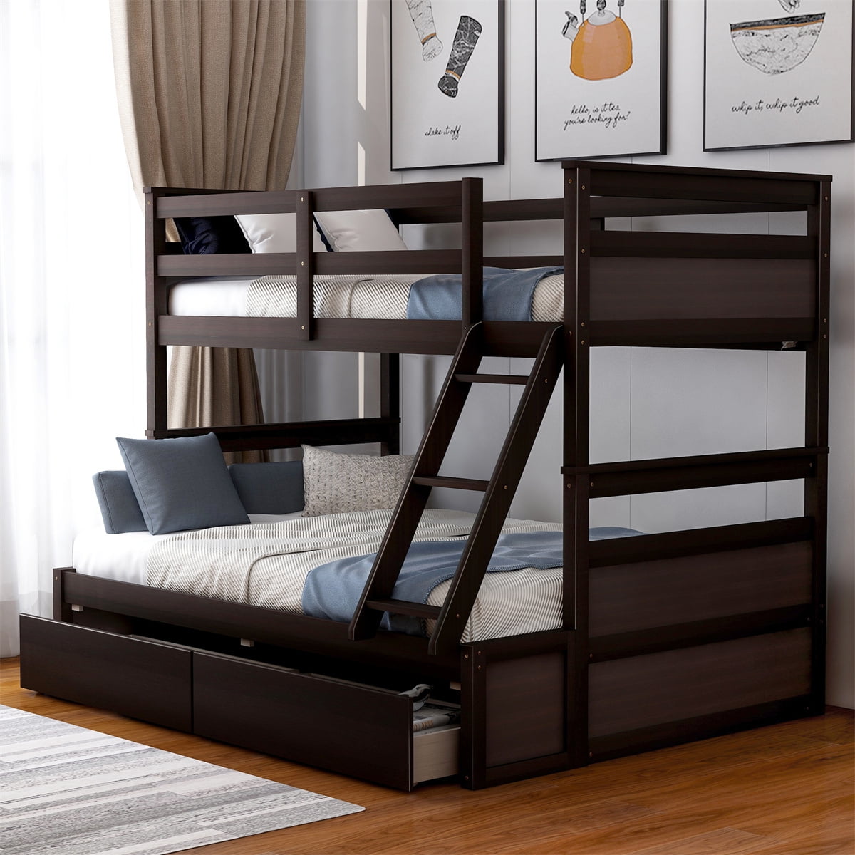 Twin Over Full Bunk Bed Heavy Duty Bunk Bed Frame With Storage Drawers And Safety Guardrail