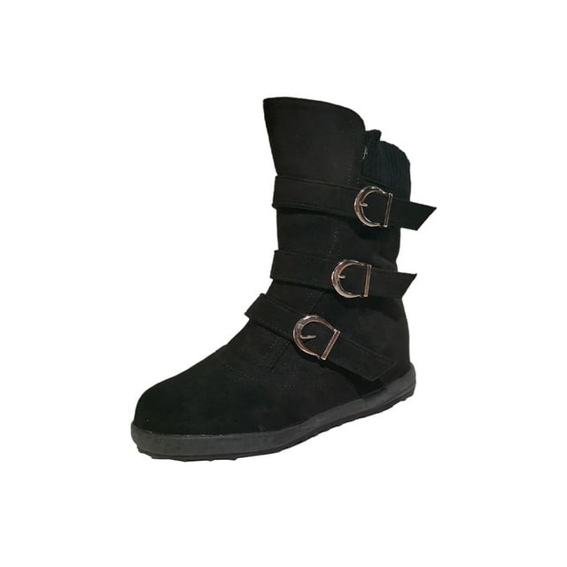 Woobling Ladies Riding Boot Round Toe Winter Shoes Flats Mid-Calf Boots Fashion Womens Non-slip Side Zipper Black 6