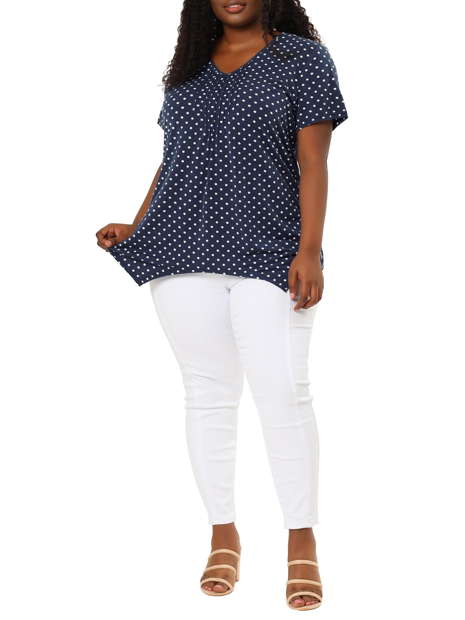 Unique Bargains Women's Plus Size V Neck Pintuck Short Sleeve Polka Dots Top 2X Blue