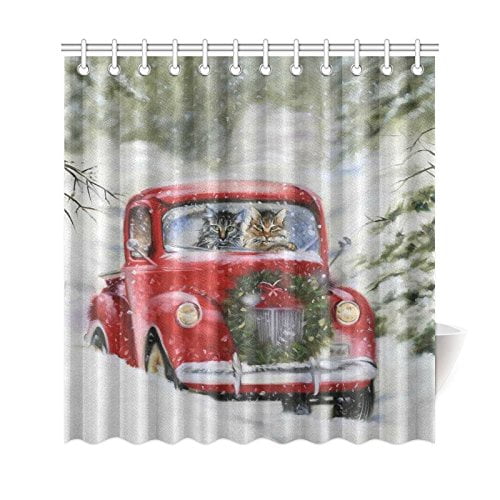 WOPOP Funny Cat Lovers Shower Curtain, Christmas Red Car Snow Field Polyester Fabric Shower Curtain Bathroom Sets with Hooks 66x72 Inches